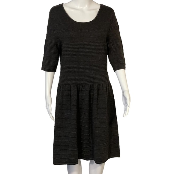 Vince Camuto Dark Grey Ribbed Pointelle 3/4 Sleeve Stretch Sweater Dress Sz L - Picture 1 of 10